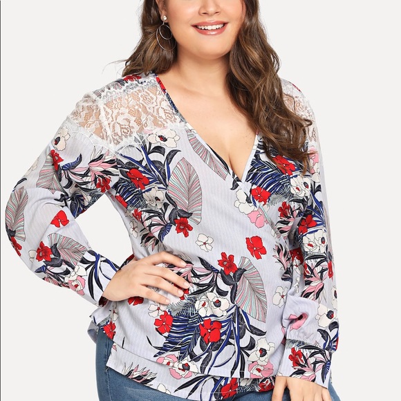 ➕ Floral Print Deep Plunge Neck Top - Picture 2 of 6
